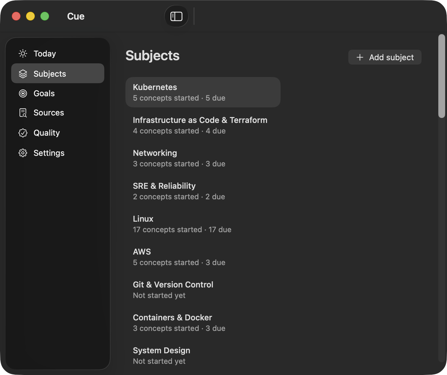 Cue's dashboard on the Subjects tab, listing Kubernetes, Infrastructure as Code and Terraform, Networking, SRE and Reliability, Linux, AWS and others with concepts started and reviews due.