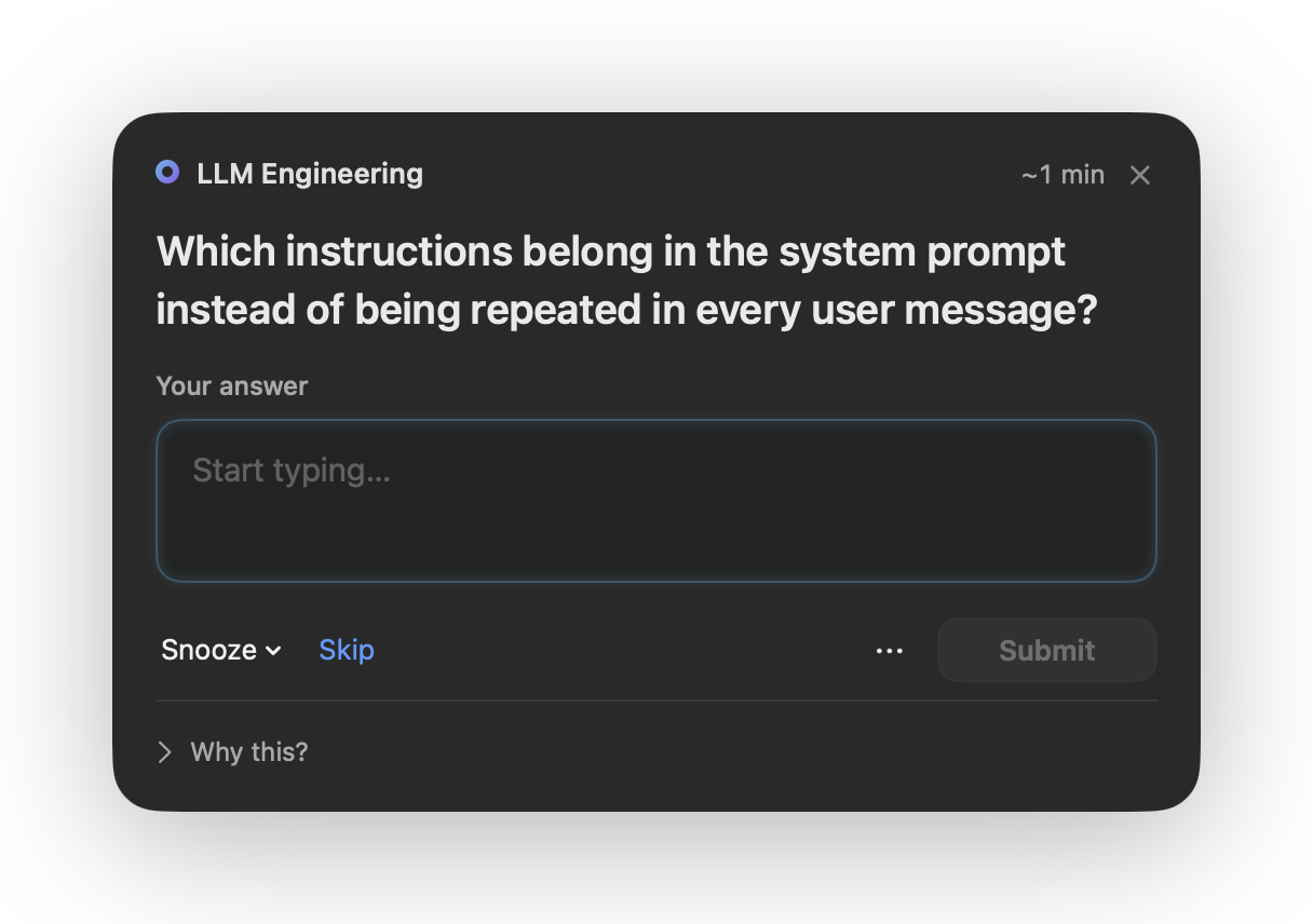 A Cue question card asking which instructions belong in the system prompt instead of being repeated in every user message, with an empty answer box.