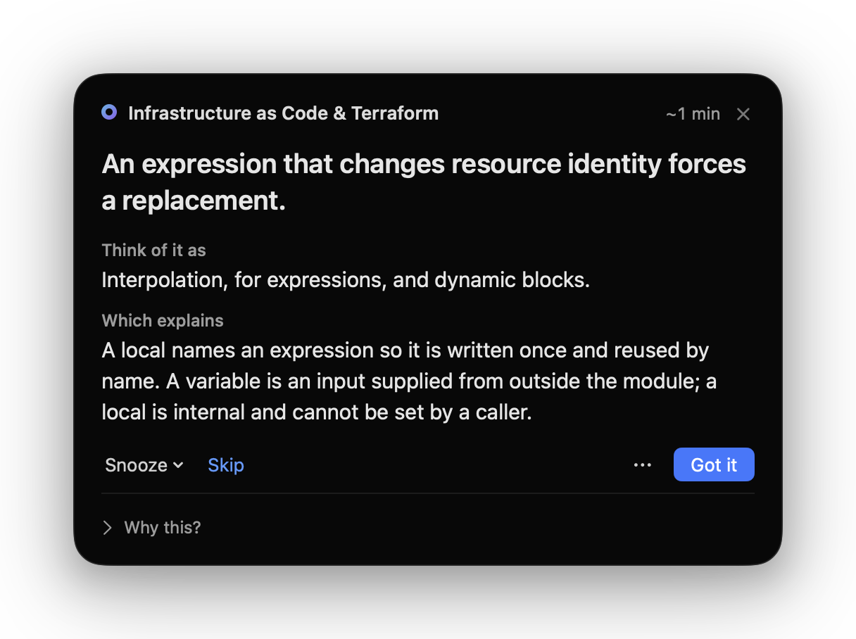 A Cue teach card explaining that an expression which changes resource identity forces a replacement, with a Got it button.